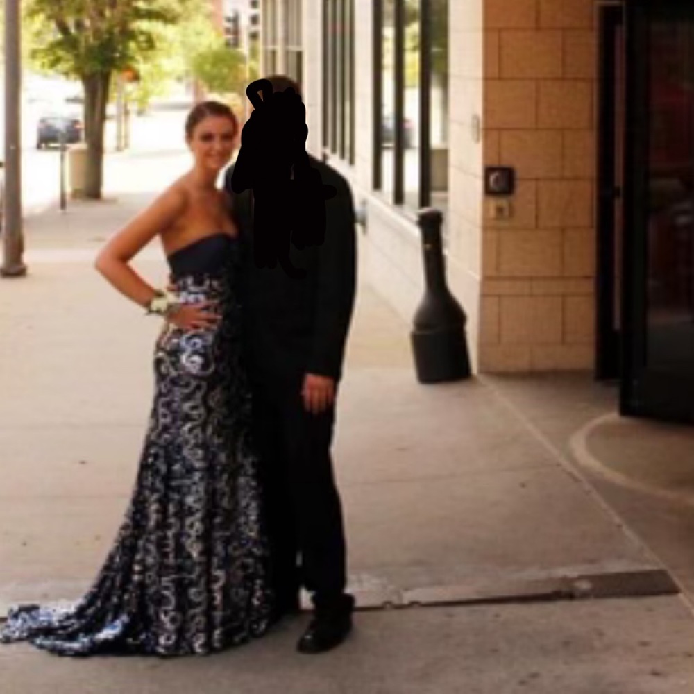 Navy blue and silver sequin prom dress